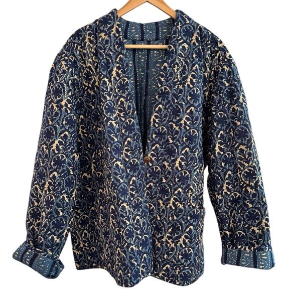 Pure J Jill Cotton 2X Reversible Quilted Jacket Blue Pockets Artsy Lagenlook - Picture 2 of 12